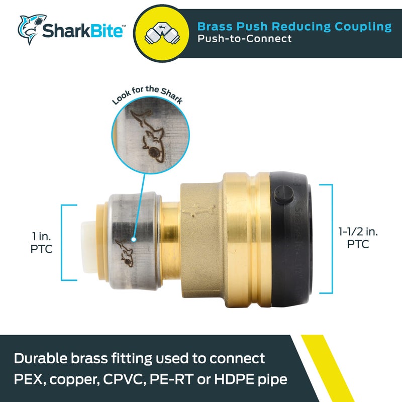 SharkBite 1-1/2 Inch x 1 Inch Reducing Coupling, Push to Connect Brass Plumbing Fitting, PEX Pipe, Copper, CPVC, PE-RT, HDPE, UXL014128 - Image 2